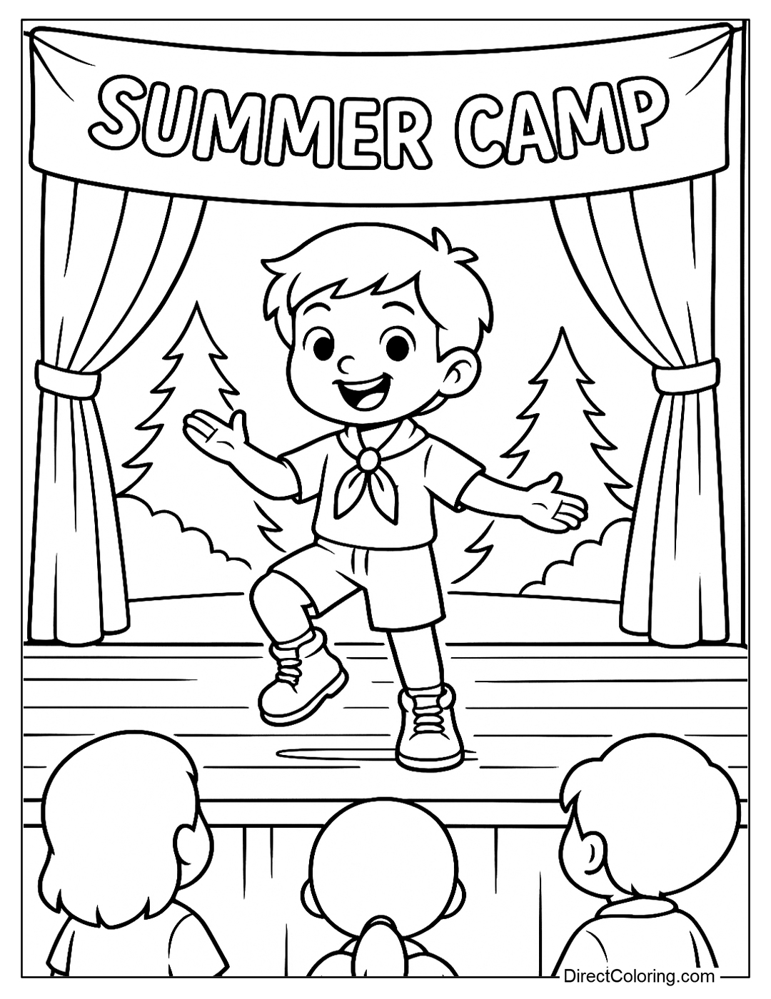 A coloring page of campers performing dances or telling stories on the summer camp stage.